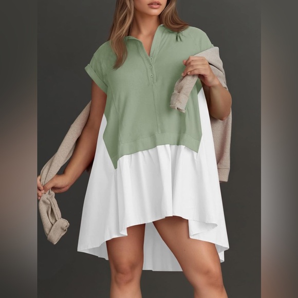 Fisoew Womens Summer Sweatshirt Dress V Neck Oversized Mini Large Green New - Picture 5 of 7
